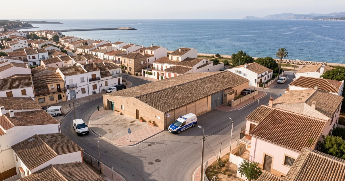 Aerial view of an industrial warehouse in the Costa del Sol with police vehicles