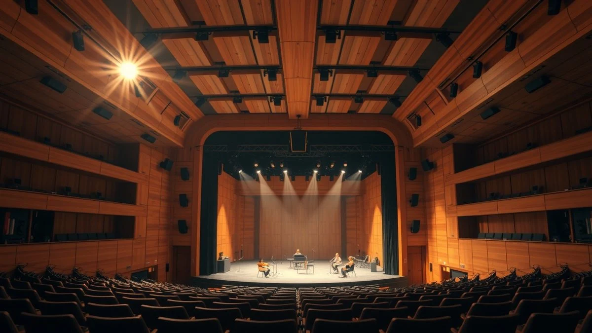Illustrative image: interior of a modern empty auditorium with dramatic lighting and a wooden stage