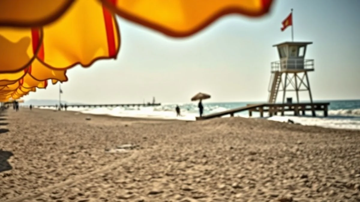 Illustrative image: Mediterranean beach with lifeguard tower and bathing flags at sunset.