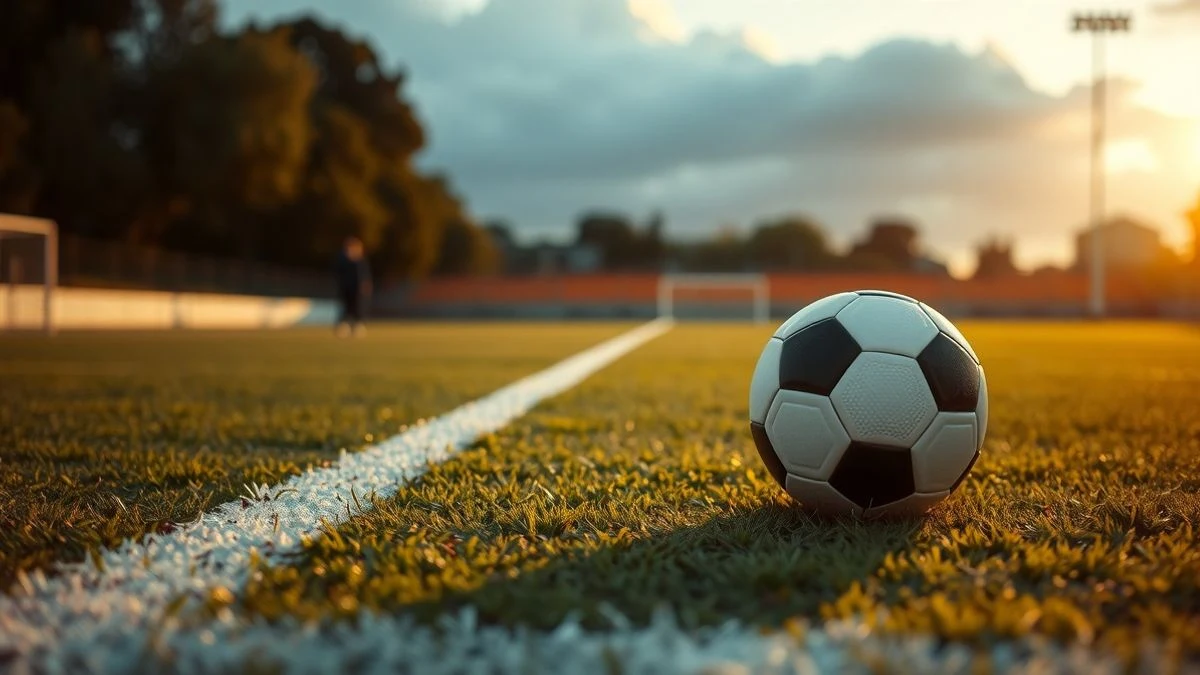 Un balón de fútbol sobre el césped de un campo al atardecer, con la línea de banda desenfocada