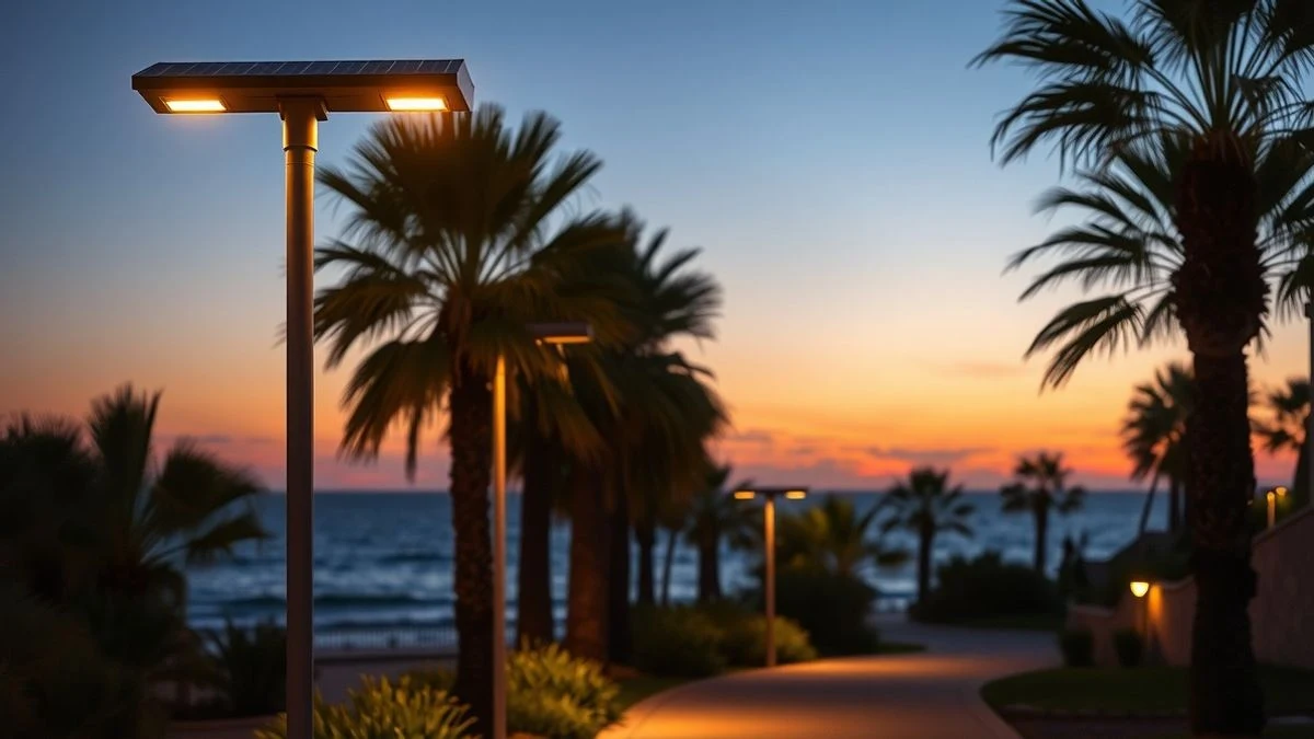 Imagen ilustrativa: paseo marítimo al atardecer con farolas solares encendidas y el mar de fondo