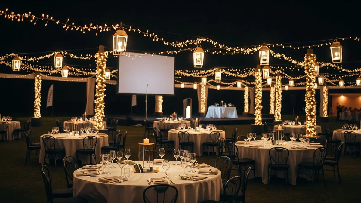 Night stage of a charity gala in Marbella with round tables illuminated by string lights