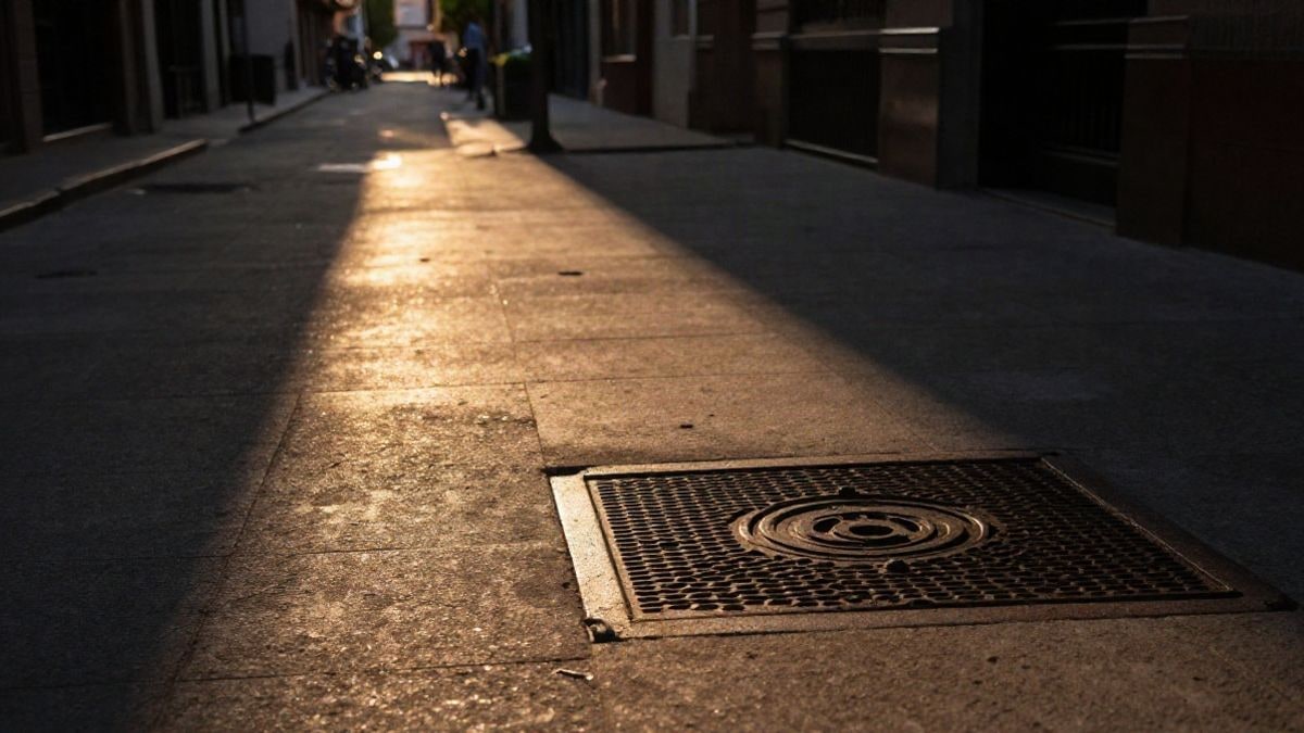 Illustrative image: a drain grate on an urban street at sunset, with long shadows