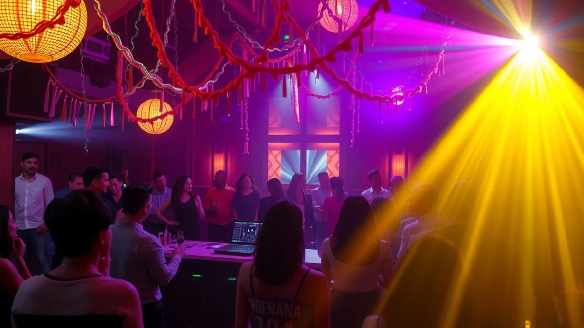 Imagen ilustrativa: fiesta juvenil con luces de colores y jóvenes bailando de espaldas