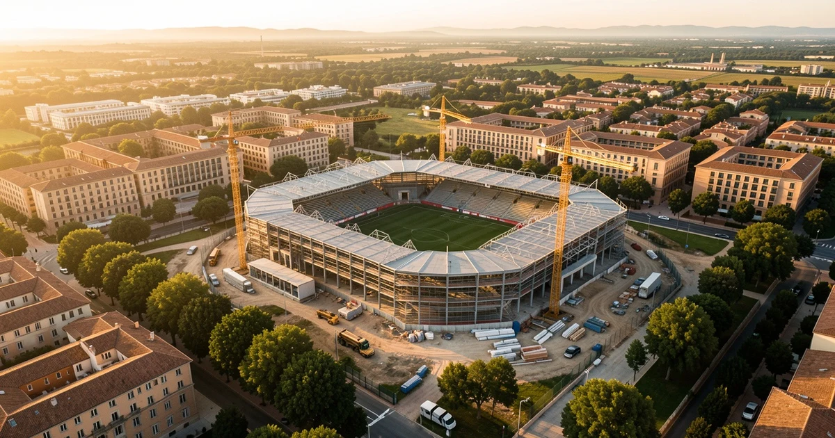 Vista aérea de un estadio de fútbol en construcción en un campus universitario con edificios académicos y zonas verdes