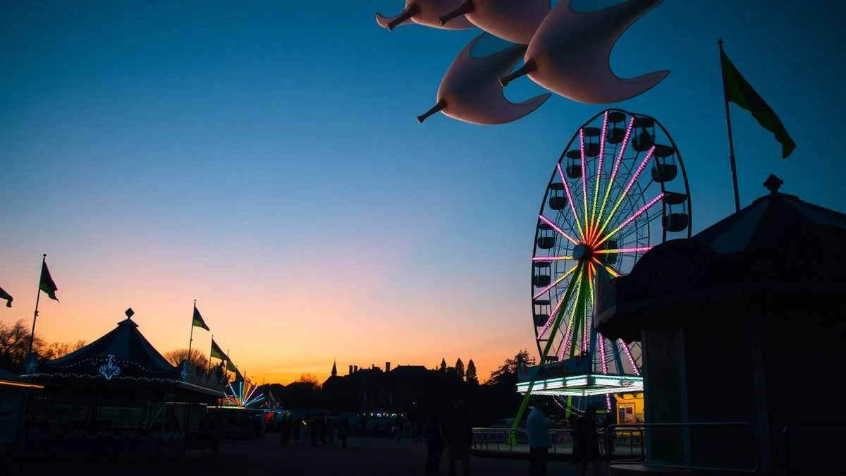 Recinto ferial al atardecer con noria y casetas iluminadas, sin personas