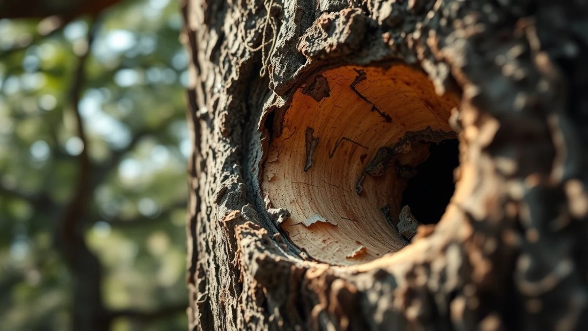 Close-up of cork oak bark being stripped, with rough texture and shiny inner layer, natural forest light.