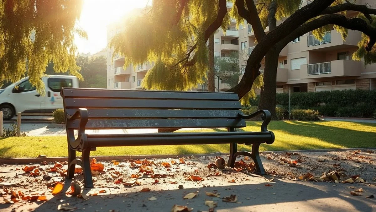 Illustrative image: a park bench split in two under a large fallen eucalyptus branch in an urban park