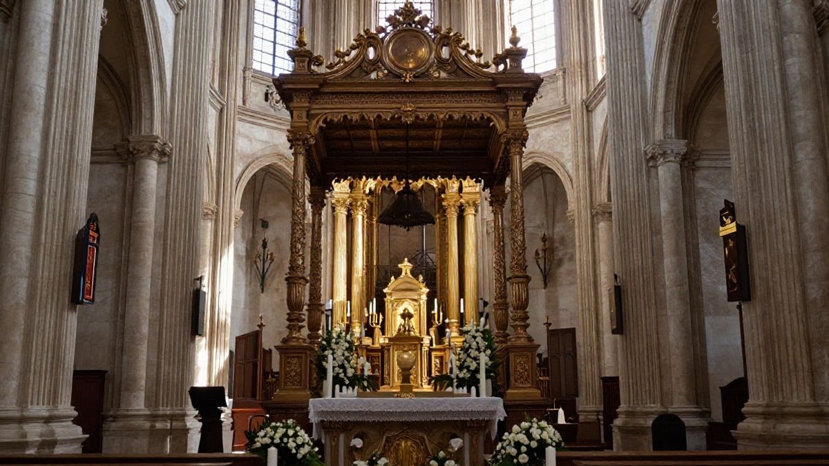 Imagen ilustrativa: interior de una catedral con altar barroco y luz dorada entrando por ventanas laterales.