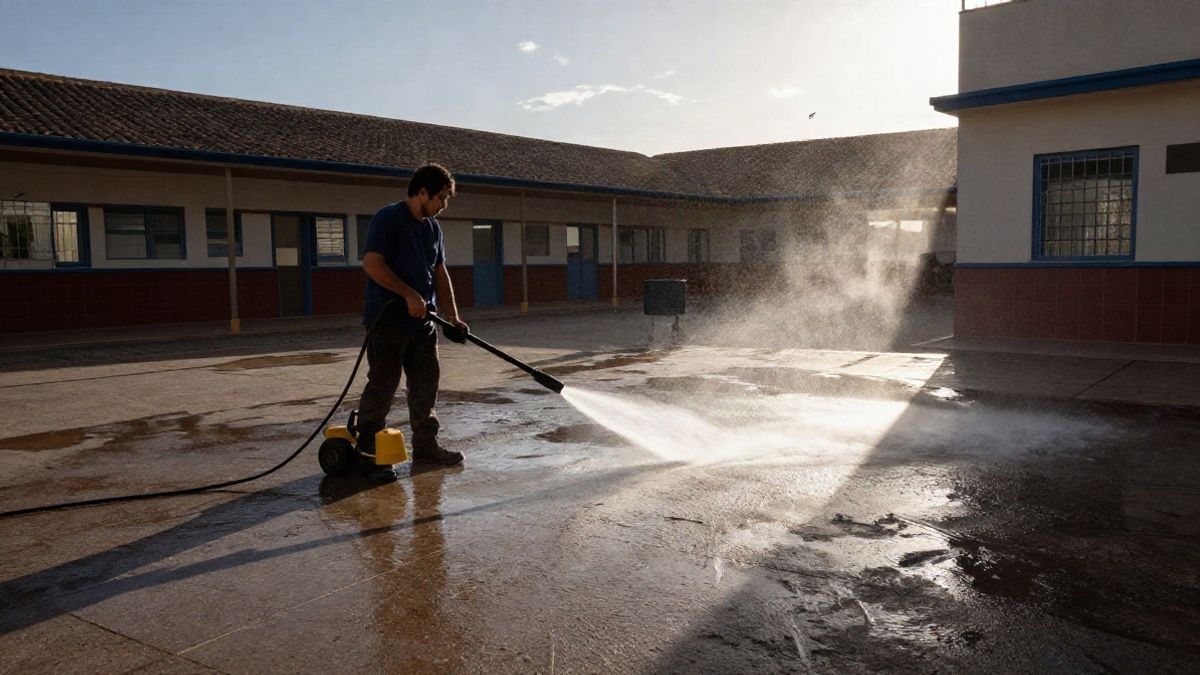 Imagen ilustrativa: patio de un colegio con un trabajador de limpieza usando una hidrolimpiadora, con luz de mañana.