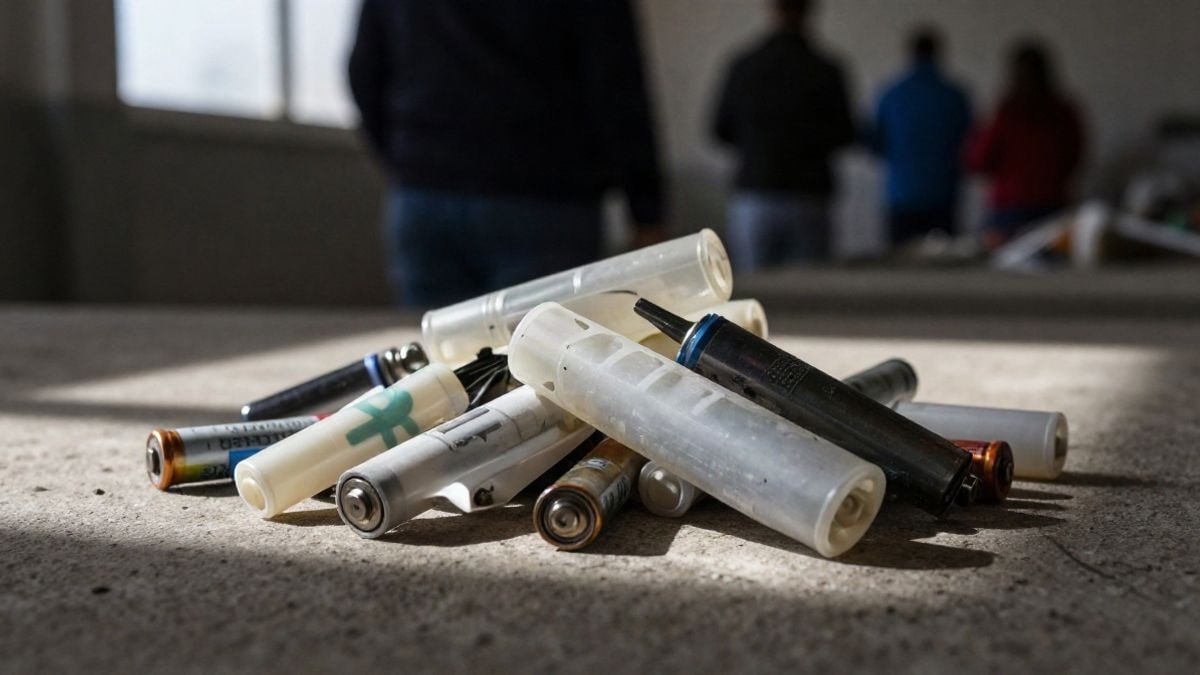 Imagen ilustrativa: componentes de cigarrillos electrónicos desechados sobre una superficie de hormigón en una planta de reciclaje