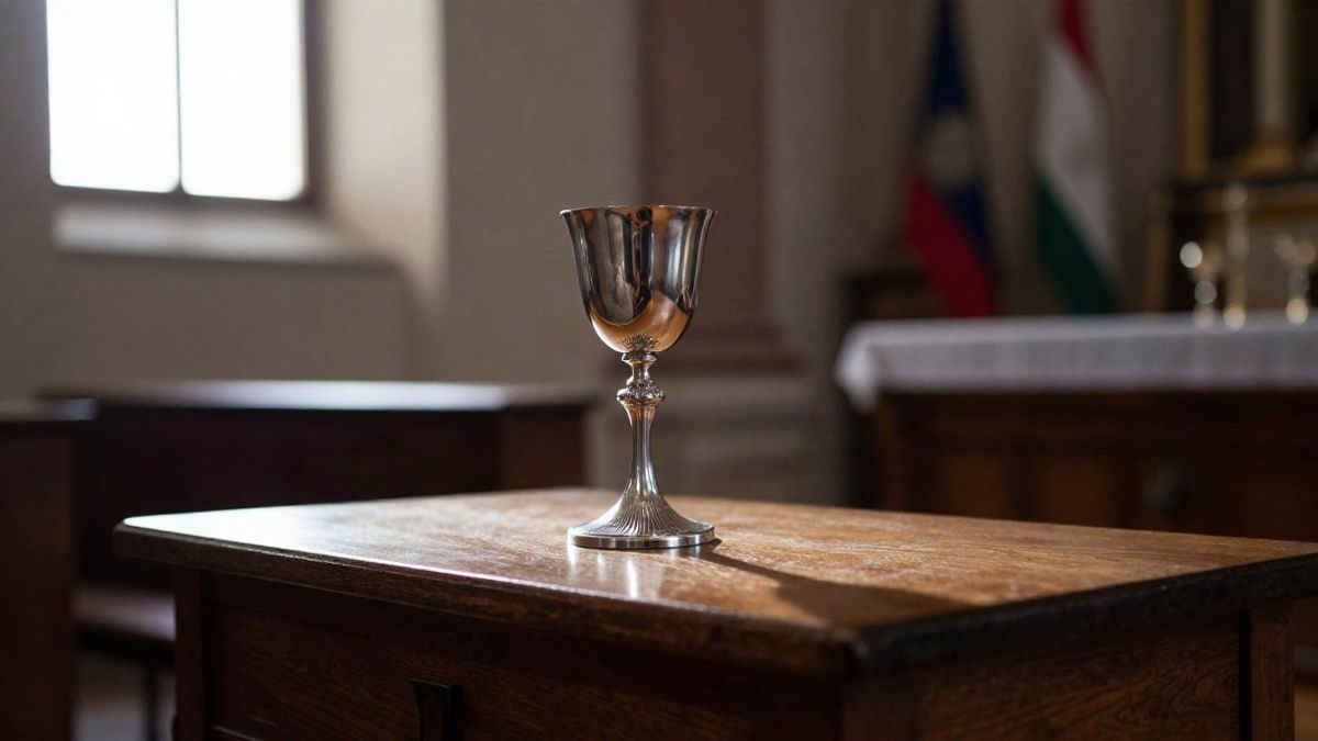 Illustrative image: chalice and silver ciborium on a wooden table in a sacristy with soft light