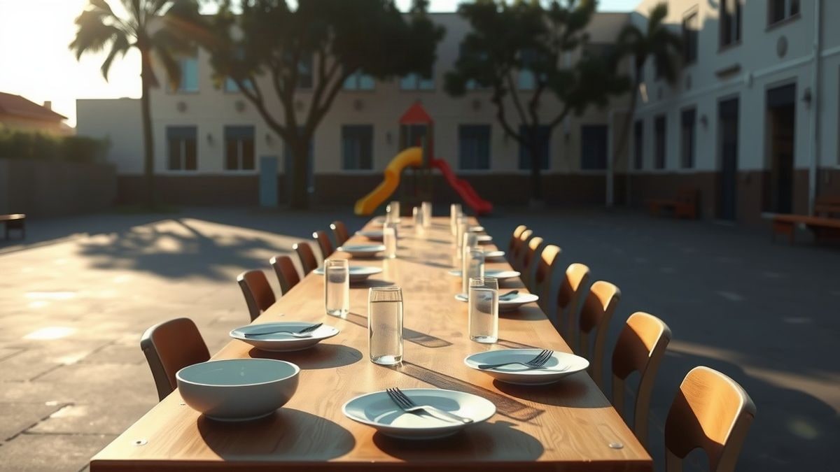 Illustrative image: a schoolyard with a long table set for dining, with empty plates and glasses, under midday light