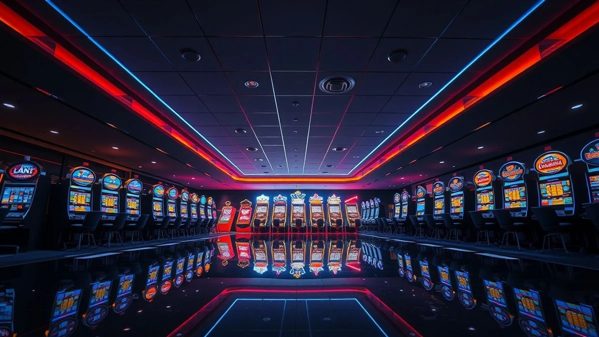 Imagen ilustrativa: interior de un casino con fila de máquinas tragamonedas iluminadas