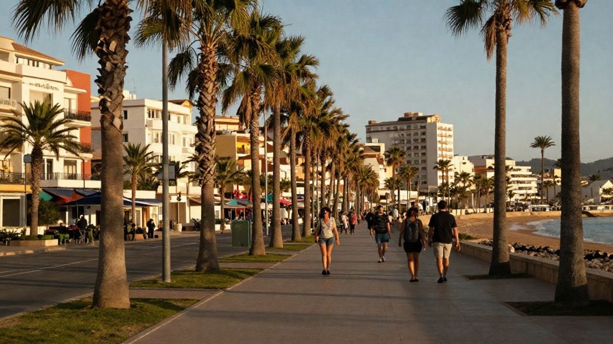 Illustrative image: seaside promenade with palm trees and hotels at sunset in a Spanish tourist destination.
