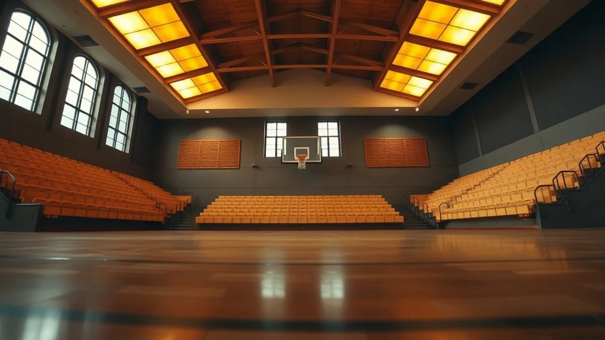 Illustrative image: interior of an empty sports hall with natural light coming through the windows.