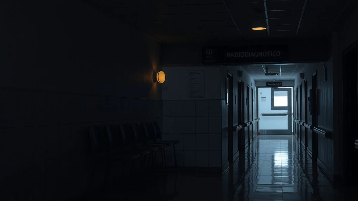 Illustrative image: hospital corridor with empty waiting area and Radiodiagnosis sign, backlit at sunset.