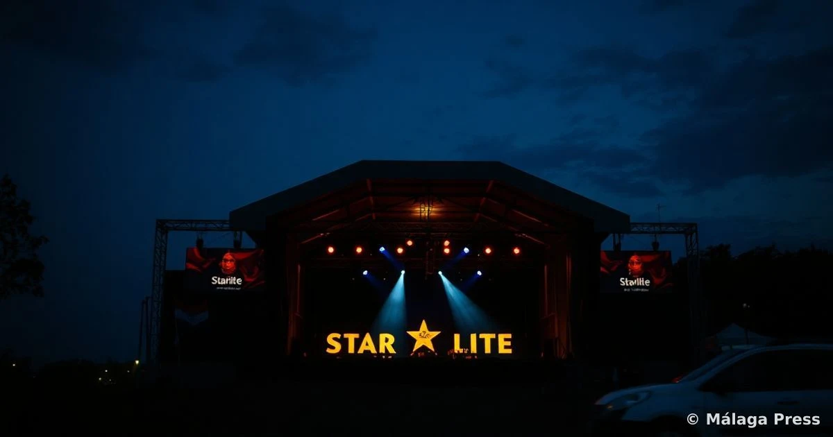 Vista del escenario del festival Starlite en Marbella al atardecer, con luces de colores y ambiente festivo sin público.