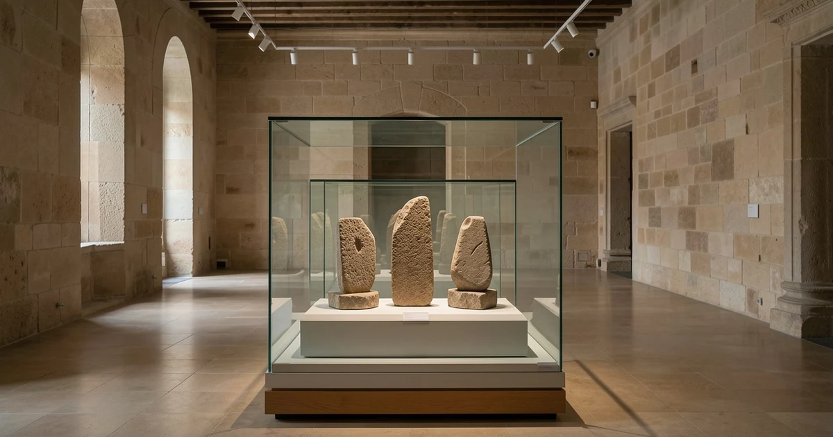 Interior of the Museum of the City of Antequera with showcases of megalithic objects