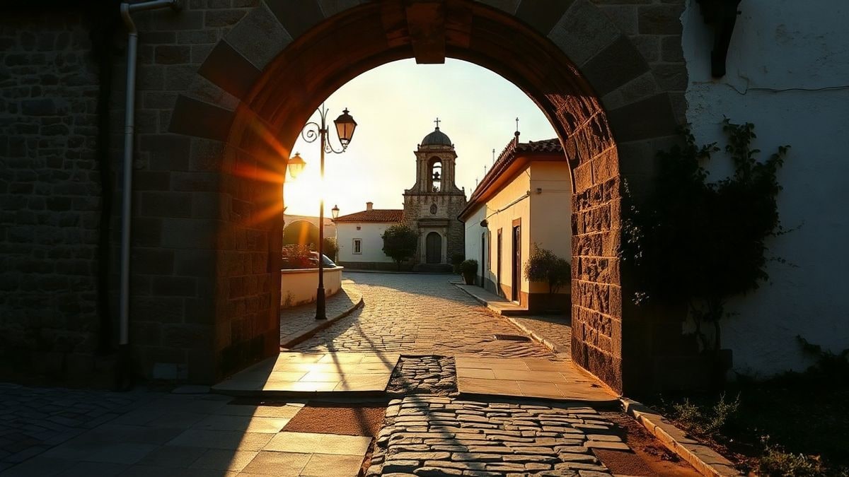 Imagen ilustrativa: arco de piedra de un pueblo andaluz al atardecer, con sombras largas y campanario al fondo.