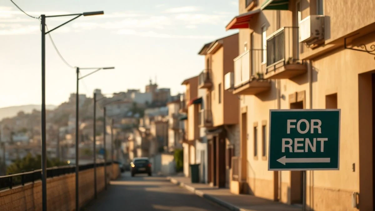 Illustrative image: residential street in a Spanish coastal town with apartment buildings and a blurred rental sign in the foreground.