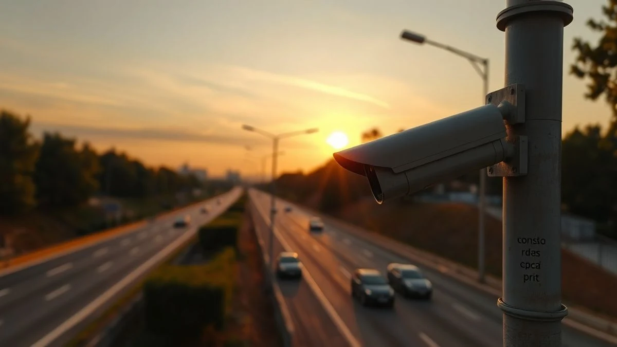 Illustrative image: traffic surveillance camera on a road at sunset