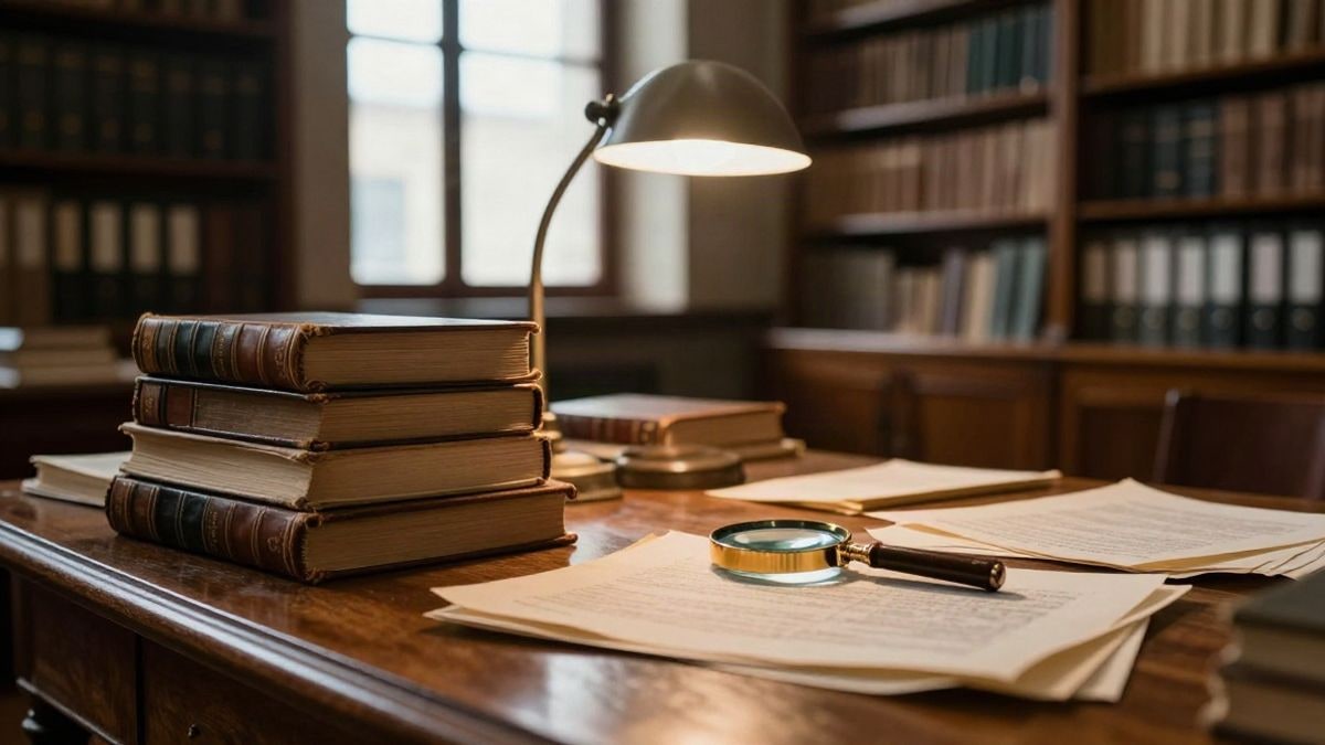 Imagen ilustrativa: libros antiguos y documentos de archivo sobre una mesa de madera en una sala histórica
