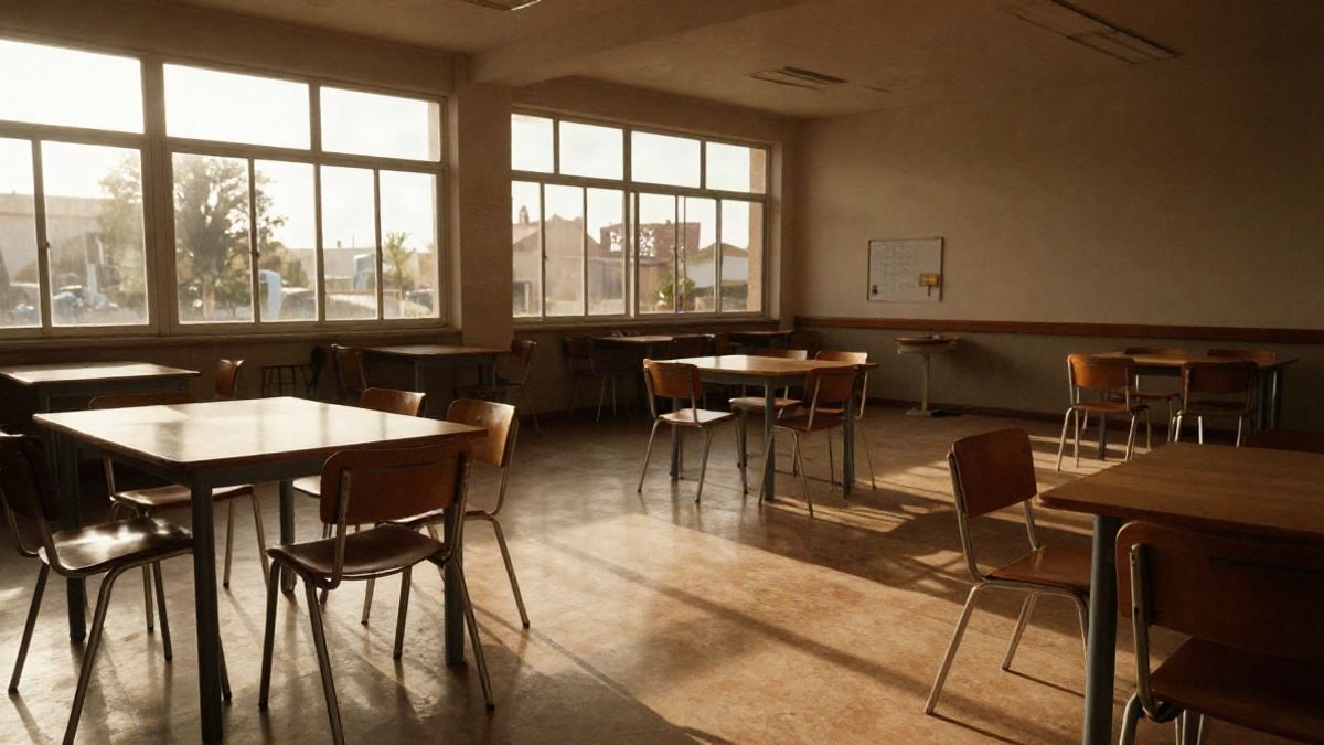 Imagen ilustrativa: interior de un centro juvenil con sillas y mesas vacías bajo luz cálida de atardecer