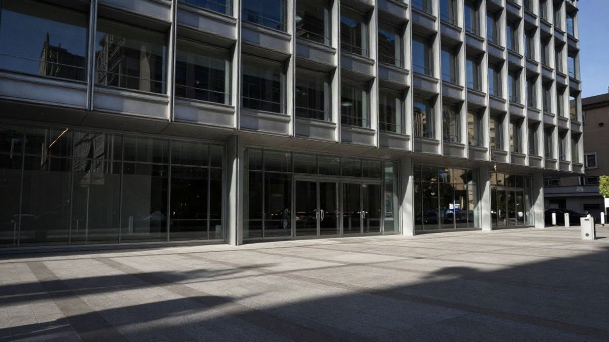 Imagen ilustrativa: fachada de un edificio de oficinas con cristal y acero, con sombras al atardecer y peatones desenfocados al fondo.