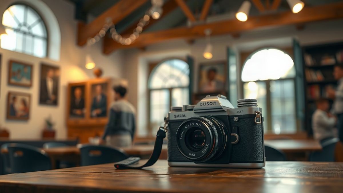 Imagen ilustrativa: una cámara fotográfica antigua sobre una mesa de madera, con luz cálida y fondo desenfocado de un centro cultural.