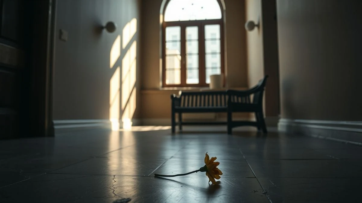 Imagen ilustrativa: pasillo de juzgado vacío con una flor marchita en el suelo, iluminado por luz natural