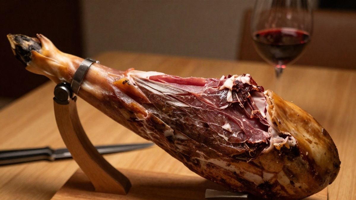 Imagen ilustrativa: primer plano de una pata de jamón curado sobre tabla de madera, con cuchillo y copa de vino al fondo.
