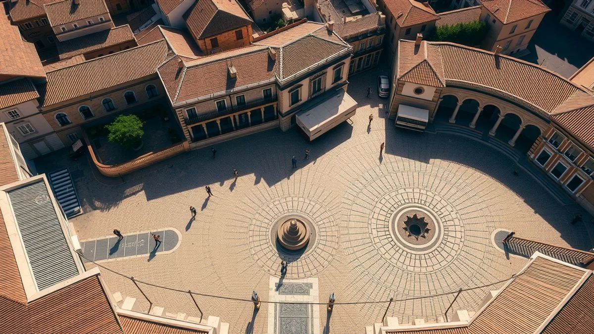 Vista aérea de las plazas de la Concepción y San José en Alhaurín de la Torre, con suelo adoquinado y edificios históricos alrededor