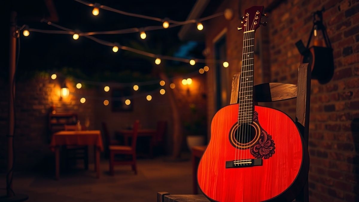 Imagen ilustrativa: una guitarra flamenca sobre una silla en un patio andaluz iluminado con luces cálidas de noche.