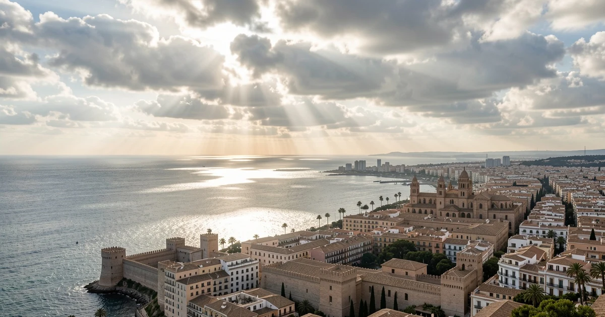 Vista de la costa de Málaga con cielo nuboso y sol, sin personas