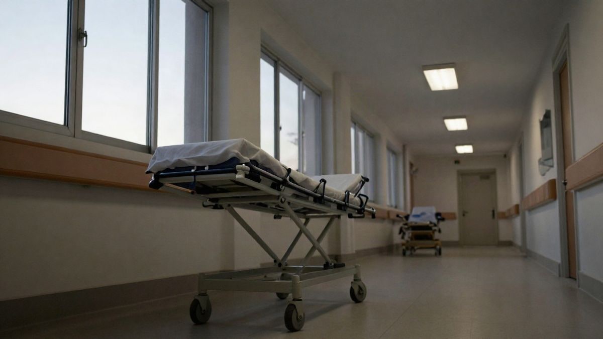Illustrative image: empty hospital corridor with a stretcher and natural light at dawn