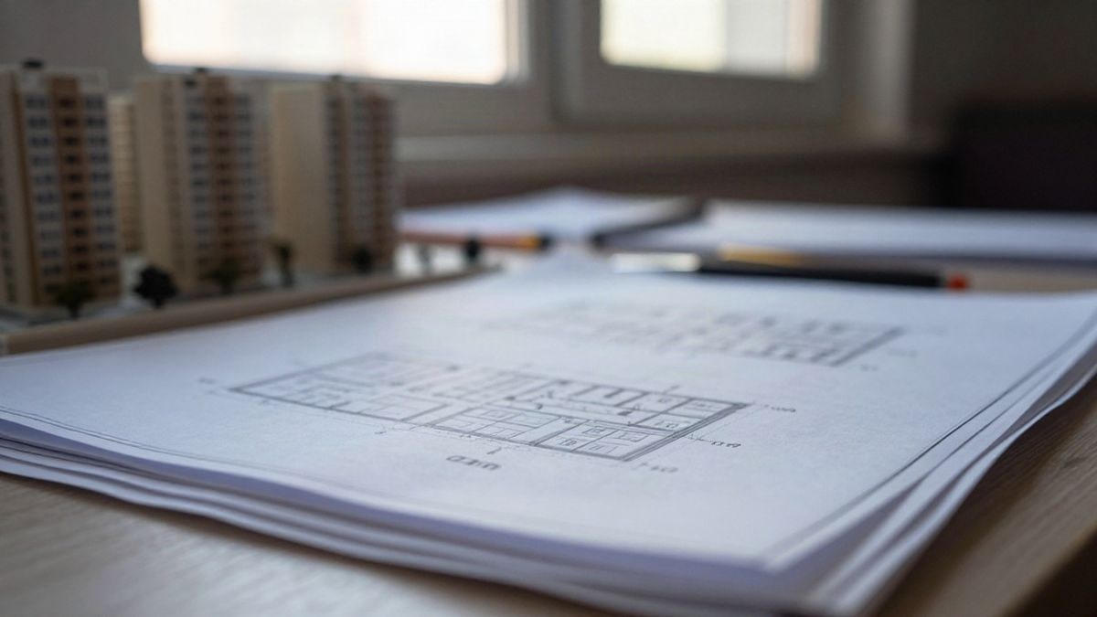 Illustrative image: close-up of architectural plans and a model of buildings on a work table