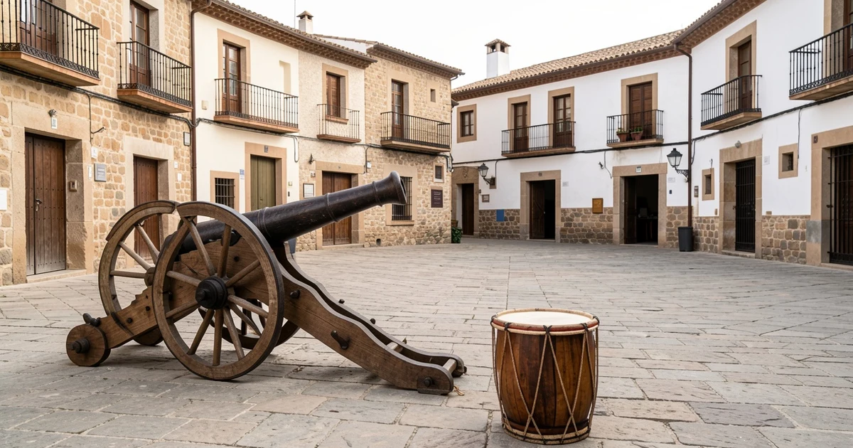 Escena de recreación histórica con cañón y tambor en plaza de pueblo andaluz
