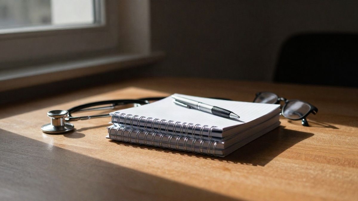 Illustrative image: notebooks and a pen on a table next to a window with natural light