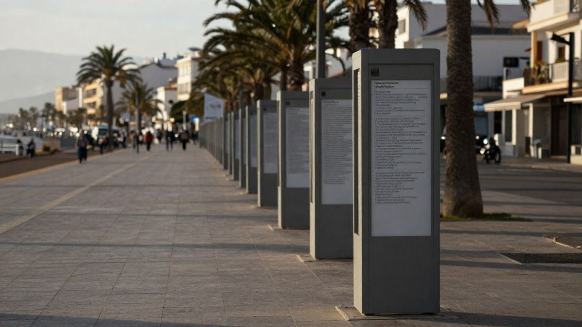 Imagen ilustrativa: tótems informativos alineados en un bulevar mediterráneo con palmeras y luz de tarde