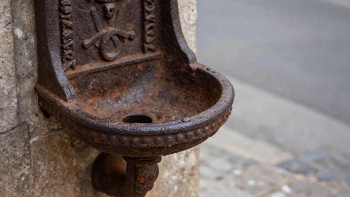 Illustrative image: close-up of an old cast iron public urinal structure at a cobbled street corner