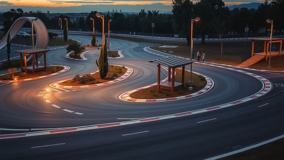 Imagen ilustrativa: un circuito de Pump Track de asfalto con peraltes y resaltos en un parque urbano al atardecer, con vegetación y pérgolas de fondo.