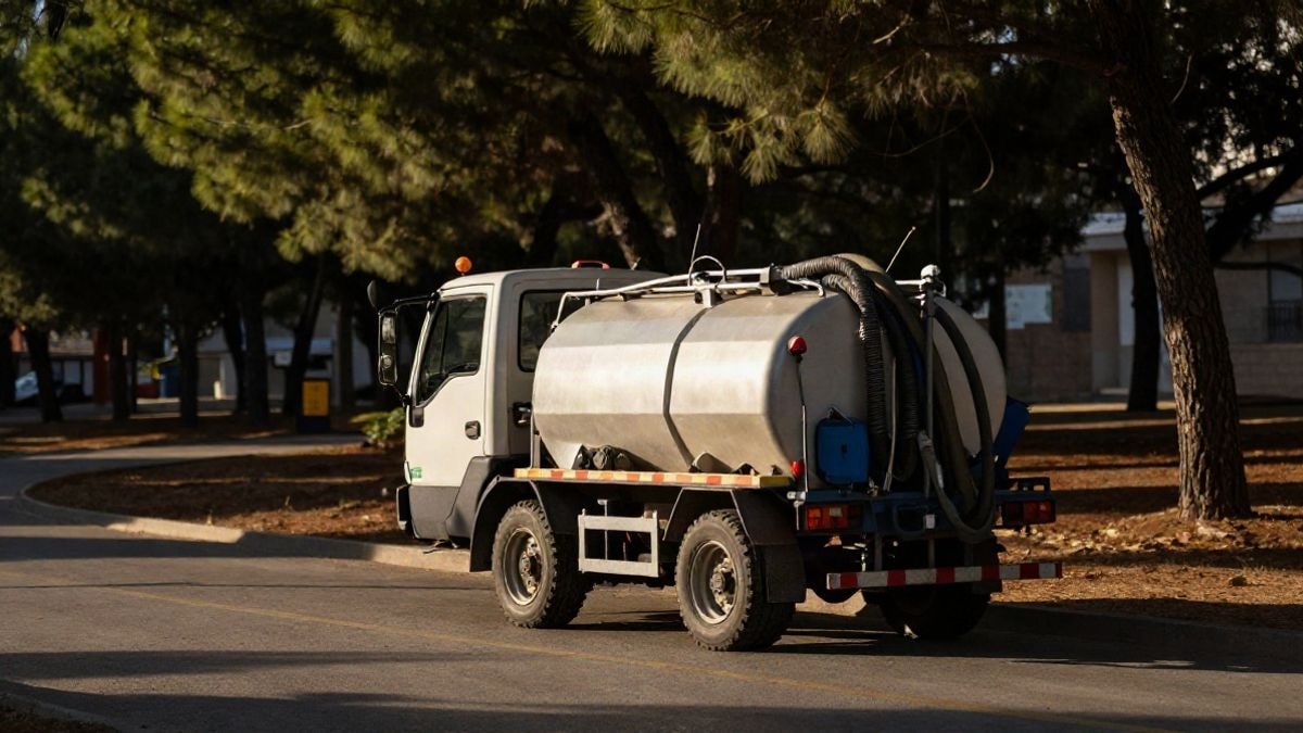 Imagen ilustrativa: carro municipal de limpieza con depósito de agua en un camino junto a una zona arbolada al atardecer