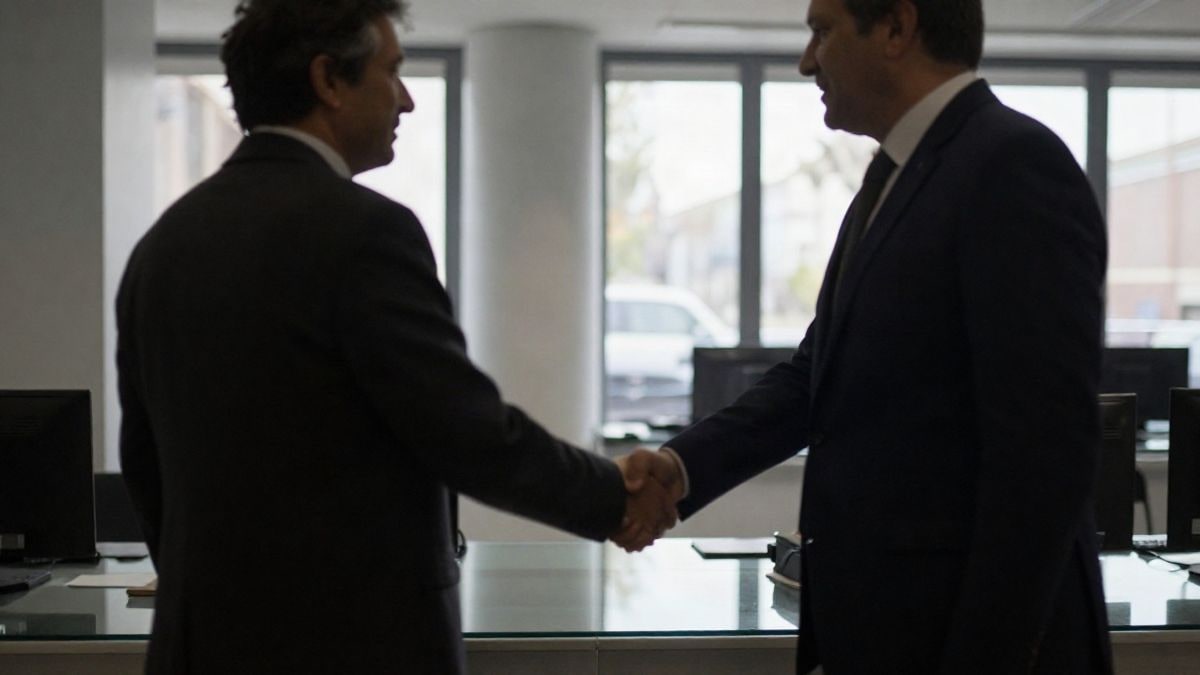 Imagen ilustrativa: un apretón de manos entre dos personas de traje en una oficina bancaria moderna, con luz natural