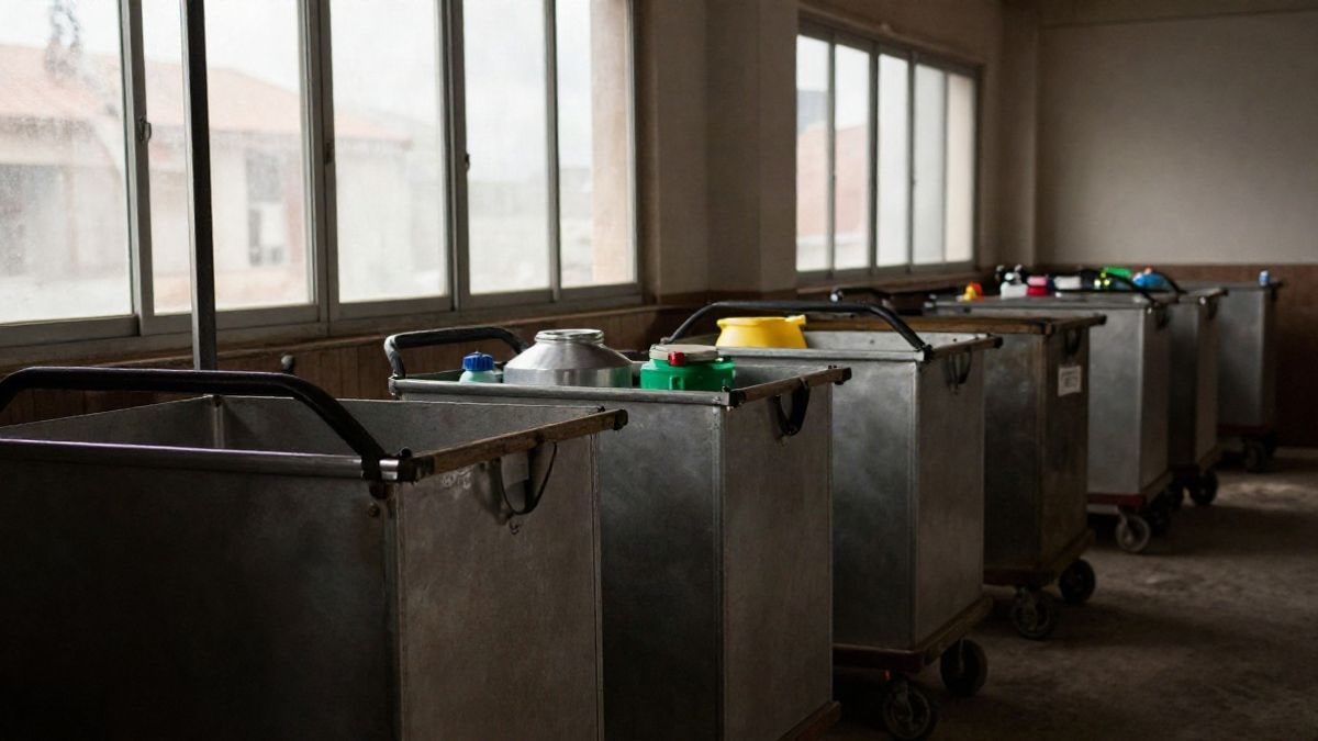 Illustrative image: empty cleaning carts and containers in a warehouse with side window light