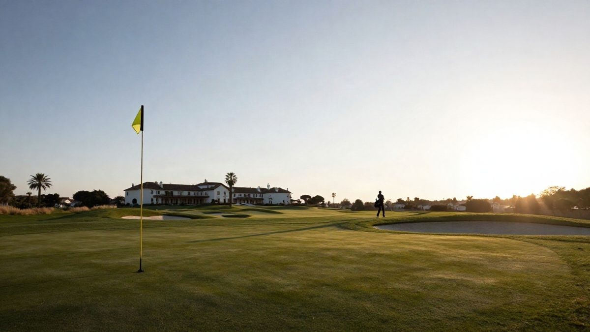 Imagen ilustrativa: campo de golf al atardecer con banderín en primer plano y un golfista de espaldas en la distancia