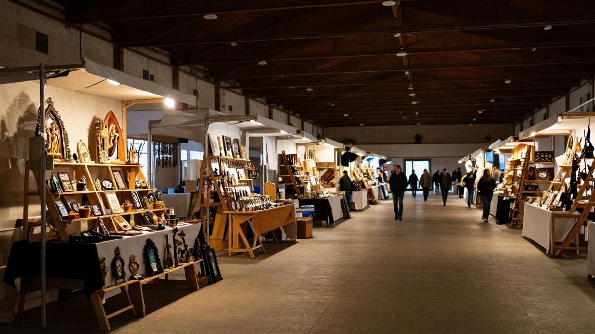 Illustrative image: sports pavilion transformed into a cofrade craft fair with stalls and visitors in the background
