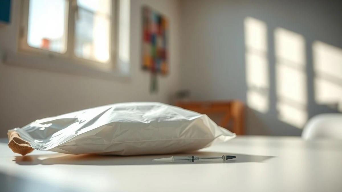 Illustrative image: a blood donation bag and a needle on a white surface, with natural light and shadows.