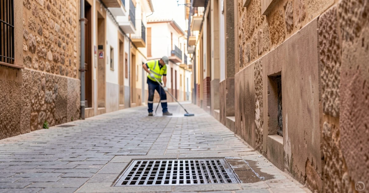 Municipal worker applies treatment against cockroaches on a street in Antequera