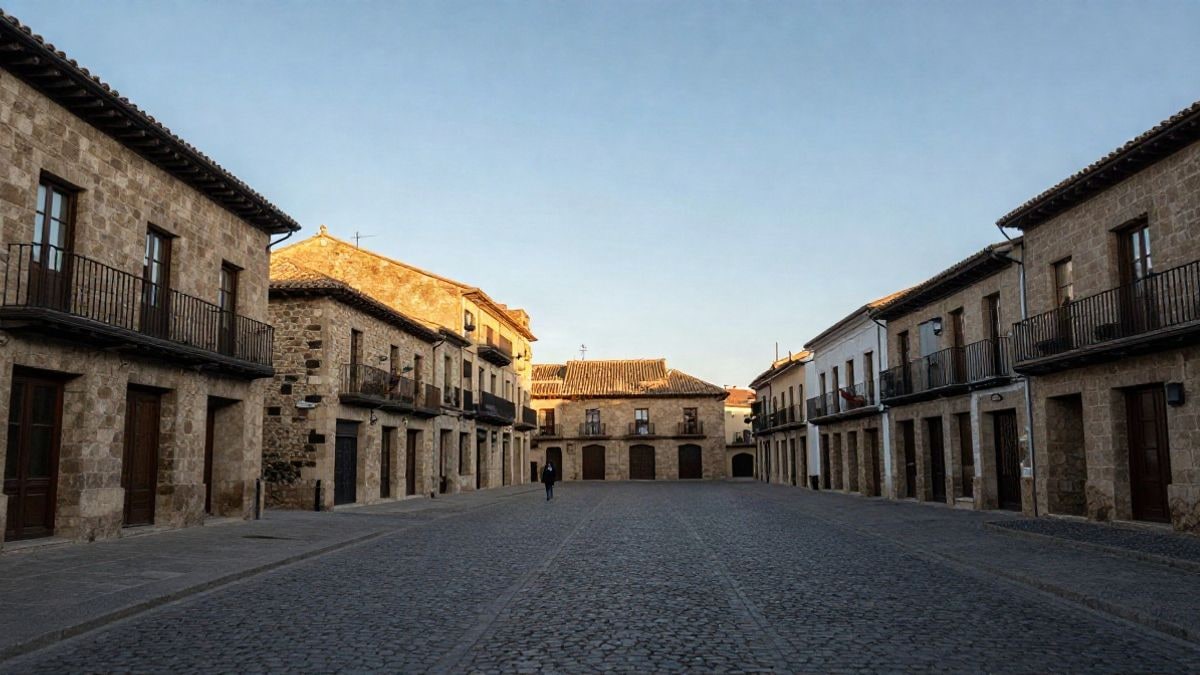 Imagen ilustrativa: plaza empedrada de un municipio histórico español con un viandante al fondo